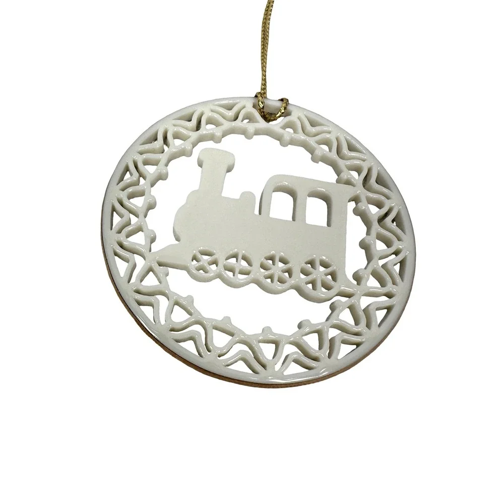 Lenox Ivory Porcelain Pierced Christmas Ornaments Set of 3 Bells and Train Gold
